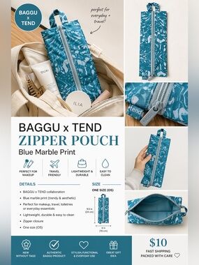 BAGGU x TEND Zipper Pouch – Blue & White Print – New Without Tags – OS
